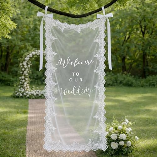 Lace Sheer Wedding Welcome Sign 24" x 60" Tulle Banner in White