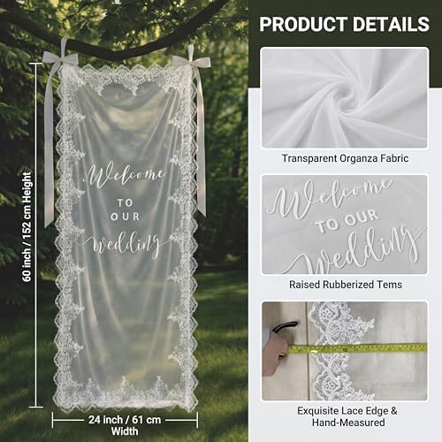 Lace Sheer Wedding Welcome Sign 24" x 60" Tulle Banner in White, alternate view 2