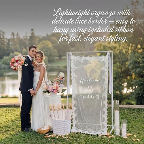 Lace Sheer Wedding Welcome Sign 24" x 60" Tulle Banner in White, alternate view 4