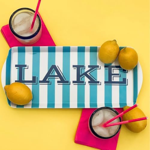 Lake Melamine Serving Tray with Handles Blue Stripe Rectangular BBQ Platter in Blue Stripe, alternate view 6