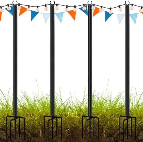 LAND·VOI Metal String Light Poles for Outside Hanging - Backyard, Garden, Patio, 4 Pack Lighting Stand with