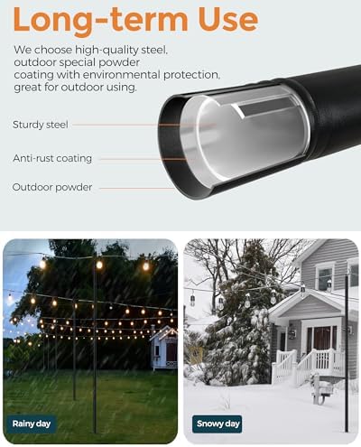 LAND·VOI Metal String Light Poles for Outside Hanging - Backyard, Garden, Patio, 4 Pack Lighting Stand with, alternate view 3