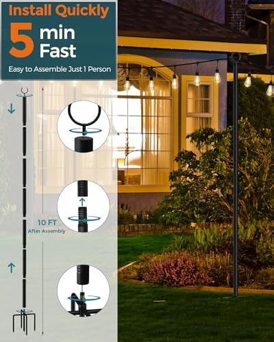 LAND·VOI Metal String Light Poles for Outside Hanging - Backyard, Garden, Patio, 4 Pack Lighting Stand with, alternate view 5