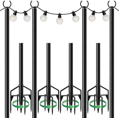 LAND·VOI String Light Poles 4 Pack, Heavy Duty Outdoor Light Poles with Upgraded 5‐Prong Base, Anti‐Bending