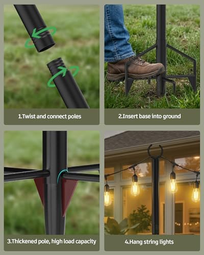 LAND·VOI String Light Poles 4 Pack, Heavy Duty Outdoor Light Poles with Upgraded 5‐Prong Base, Anti‐Bending, alternate view 6