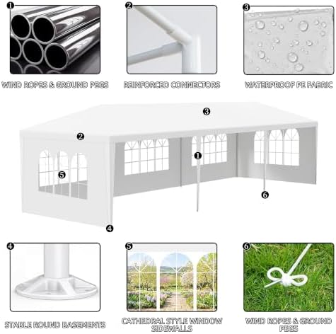 Large 10x30 Canopy Tent for Weddings, Outdoor Party Shelter (White, 5 Sidewalls-White 10x30) in White, alternate view 3