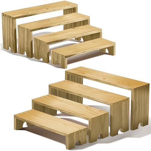 Large 2 Set wood tone Wooden Tiered Display Stands 4 Tier Stackable Pine Wood Display Risers, Suitable for