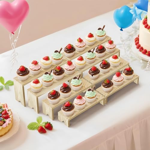 Large 2 Set wood tone Wooden Tiered Display Stands 4 Tier Stackable Pine Wood Display Risers, Suitable for, alternate view 2