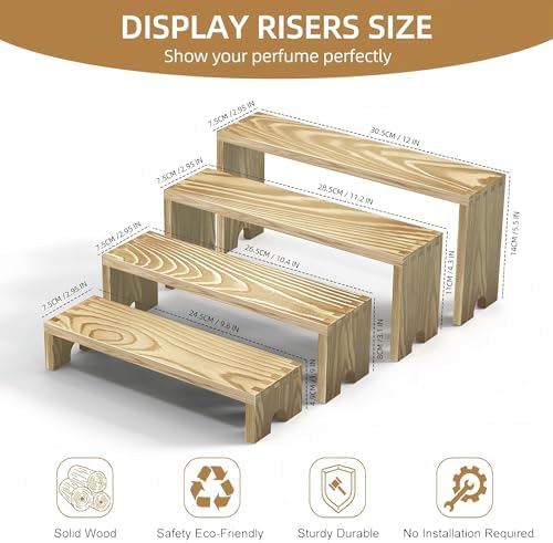 Large 2 Set wood tone Wooden Tiered Display Stands 4 Tier Stackable Pine Wood Display Risers, Suitable for, alternate view 3