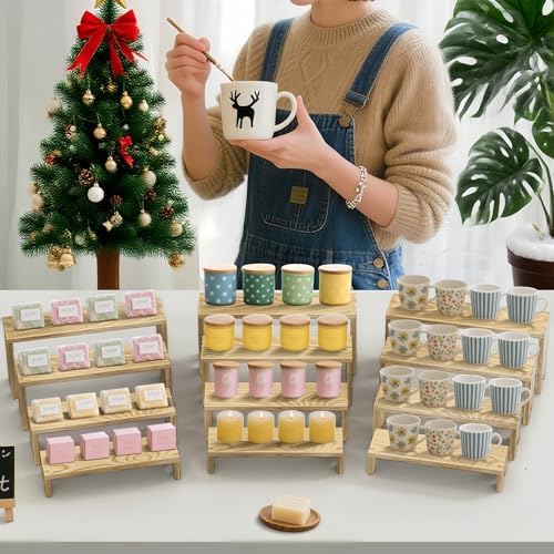 Large 2 Set wood tone Wooden Tiered Display Stands 4 Tier Stackable Pine Wood Display Risers, Suitable for, alternate view 4