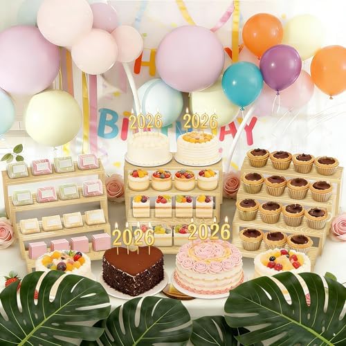 Large 2 Set wood tone Wooden Tiered Display Stands 4 Tier Stackable Pine Wood Display Risers, Suitable for, alternate view 5