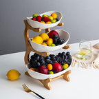 Large 3 Tier Ceramic Fruit Bowl With Bamboo Wood Stand for Kitchen Counter, Porcelain Fruit Basket for Fruit, alternate view