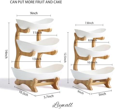 Large 3 Tier Ceramic Fruit Bowl With Bamboo Wood Stand for Kitchen Counter, Porcelain Fruit Basket for Fruit, alternate view
