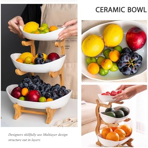 Large 3 Tier Ceramic Fruit Bowl With Bamboo Wood Stand for Kitchen Counter, Porcelain Fruit Basket for Fruit, alternate view