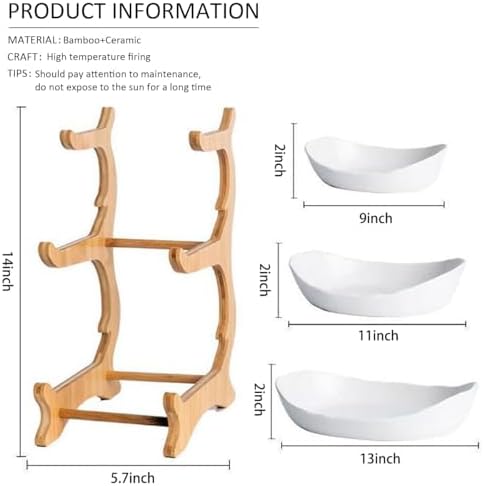 Large 3 Tier Ceramic Fruit Bowl With Bamboo Wood Stand for Kitchen Counter, Porcelain Fruit Basket for Fruit, alternate view