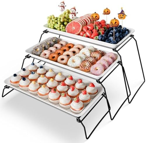 Large 3-Tier Melamine Serving Tray Set, 17 x 8.7 in, Black Stand in Black