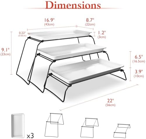 Large 3-Tier Melamine Serving Tray Set, 17 x 8.7 in, Black Stand in Black, alternate view 3