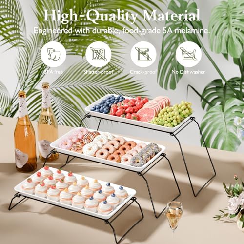Large 3-Tier Melamine Serving Tray Set, 17 x 8.7 in, Black Stand in Black, alternate view 4