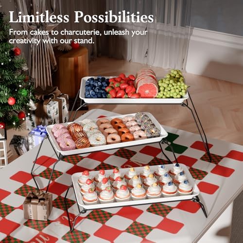 Large 3-Tier Melamine Serving Tray Set, 17 x 8.7 in, Black Stand in Black, alternate view 6