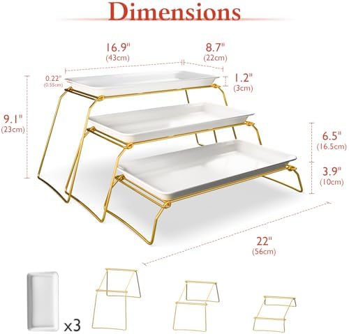 Large 3-Tier Melamine Serving Tray Set, 17 x 8.7 in, Gold Stand in Gold, alternate view 3