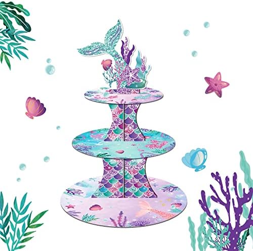 Large 3-Tier Mermaid Cupcake Stand 12Inch Cardboard Cupcake Tray for Wedding Birthday Baby Shower Mermaid