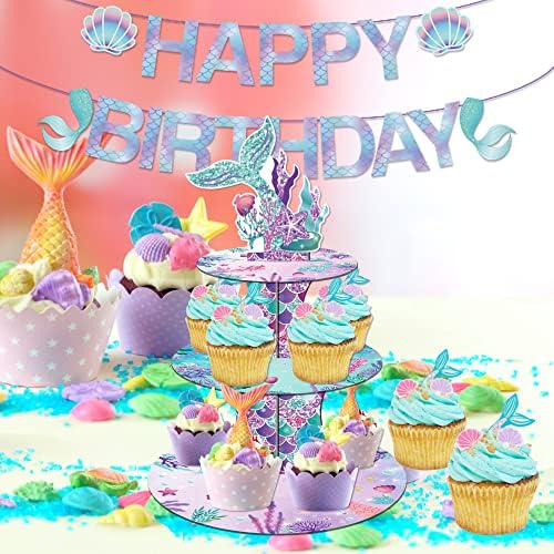 Large 3-Tier Mermaid Cupcake Stand 12Inch Cardboard Cupcake Tray for Wedding Birthday Baby Shower Mermaid, alternate view 5