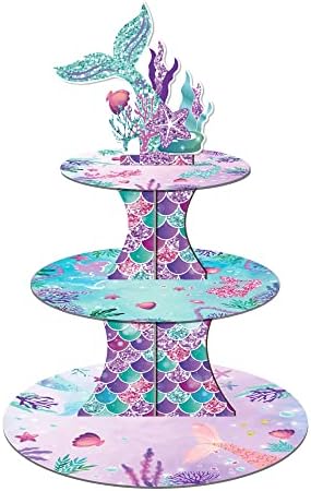 Large 3-Tier Mermaid Cupcake Stand 12Inch Cardboard Cupcake Tray for Wedding Birthday Baby Shower Mermaid, alternate view 7
