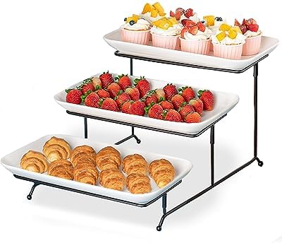 Large 3 Tier Serving Tray Set, 14 Inch Tiered Serving Stand, Sturdier Rack with 3 Porcelain Serving Platters