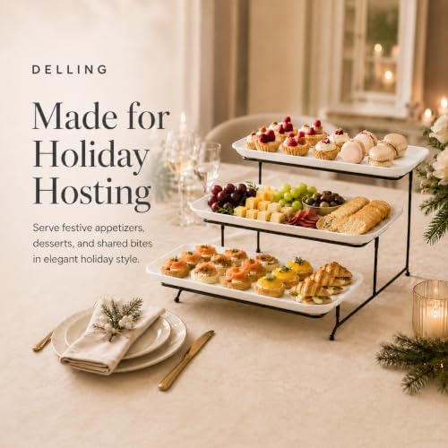 Large 3 Tier Serving Tray Set, 14 Inch Tiered Serving Stand, Sturdier Rack with 3 Porcelain Serving Platters, alternate view