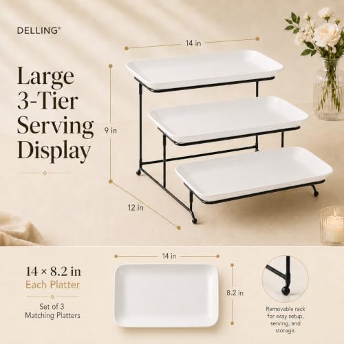 Large 3 Tier Serving Tray Set, 14 Inch Tiered Serving Stand, Sturdier Rack with 3 Porcelain Serving Platters, alternate view