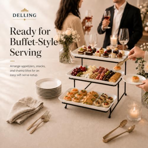 Large 3 Tier Serving Tray Set, 14 Inch Tiered Serving Stand, Sturdier Rack with 3 Porcelain Serving Platters, alternate view