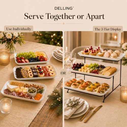 Large 3 Tier Serving Tray Set, 14 Inch Tiered Serving Stand, Sturdier Rack with 3 Porcelain Serving Platters, alternate view