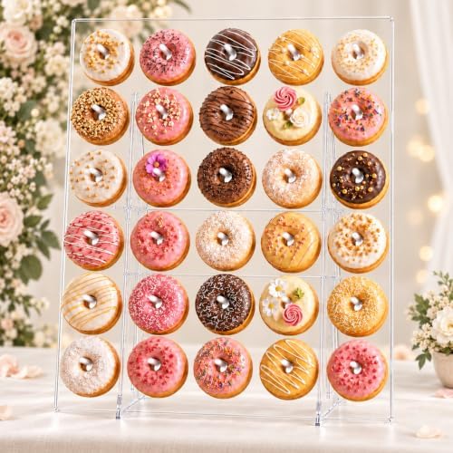 Large Acrylic Donut Wall Display Stand, Foldable, 26"x22", Holds 60 Donuts in Clear