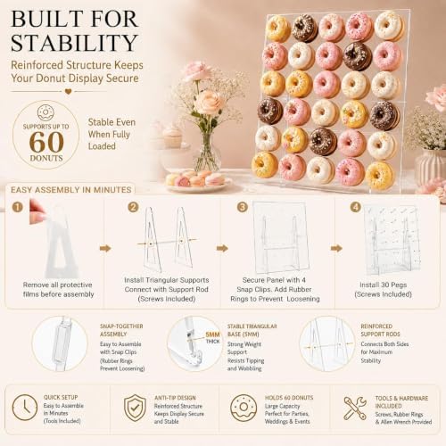 Large Acrylic Donut Wall Display Stand, Foldable, 26"x22", Holds 60 Donuts in Clear, alternate view 5