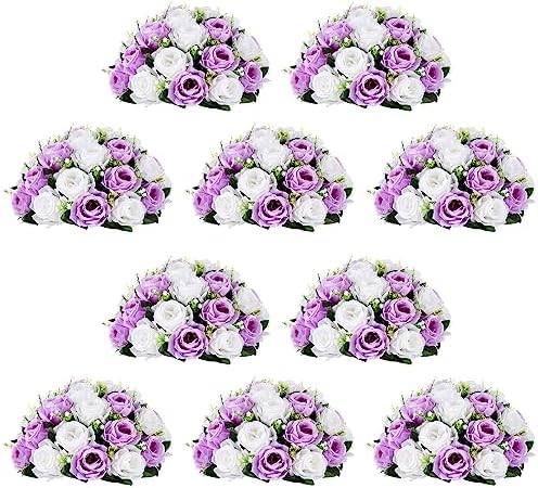 Large Artificial Flower Centerpieces - 10 Pcs 13.8in Diameter Lilac & White Fake Flowers Roses Balls - Silk Faux