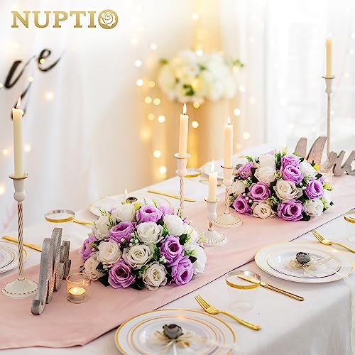 Large Artificial Flower Centerpieces - 10 Pcs 13.8in Diameter Lilac & White Fake Flowers Roses Balls - Silk Faux, alternate
