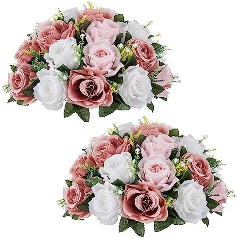 Large Artificial Flower Centerpieces: Dusty Rose & White Fake Balls in Dusty Rose & White
