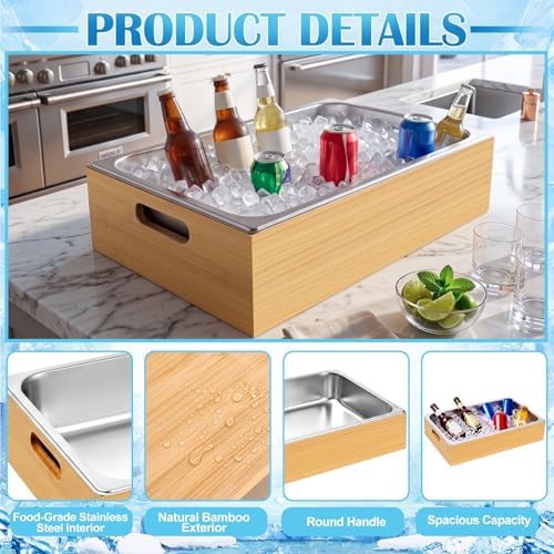 Large Bamboo Ice Bin with Removable Steel Frame, Ice Storage Tray Bucket With Handle Chilled Serving Trays for, alternate