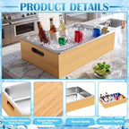 Large Bamboo Ice Bin with Removable Steel Frame, Ice Storage Tray Bucket With Handle Chilled Serving Trays for, alternate