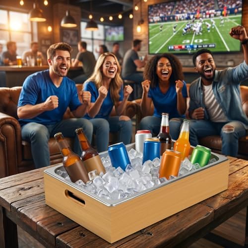Large Bamboo Ice Bin with Removable Steel Frame, Ice Storage Tray Bucket With Handle Chilled Serving Trays for, alternate