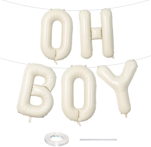Large Beige Oh Boy Balloons, 40 Inch Cream White Sand OH BOY Balloon Letters with Ribbon, Neutral Ivory Alphabet