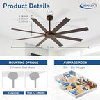Large Ceiling Fan without Light: 72 Inch Indoor/Outdoor Fan Reversible DC Motor 6 Speed - Dual 8 Blades Big, alternate view 3