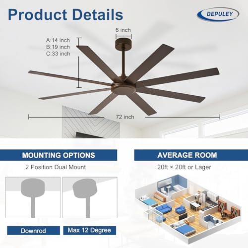 Large Ceiling Fan without Light: 72 Inch Indoor/Outdoor Fan Reversible DC Motor 6 Speed - Dual 8 Blades Big, alternate view 3
