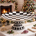 Large Ceramic Pedestal Cake Stand Checkered Platter 15.7 x 5.7 In in Black, Cream, Gold