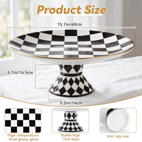 Large Ceramic Pedestal Cake Stand Checkered Platter 15.7 x 5.7 In in Black, Cream, Gold, alternate view 2