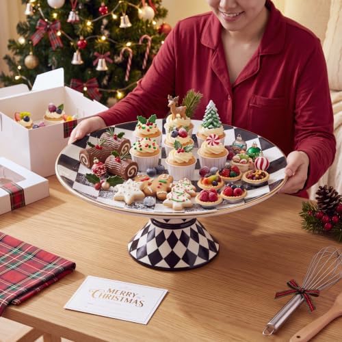 Large Ceramic Pedestal Cake Stand Checkered Platter 15.7 x 5.7 In in Black, Cream, Gold, alternate view 3