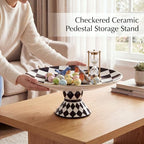 Large Ceramic Pedestal Cake Stand Checkered Platter 15.7 x 5.7 In in Black, Cream, Gold, alternate view 4