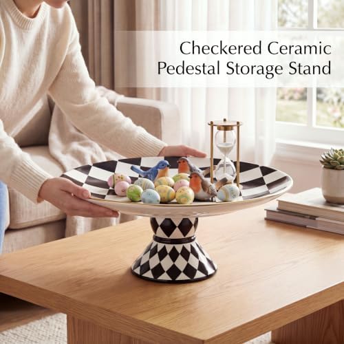 Large Ceramic Pedestal Cake Stand Checkered Platter 15.7 x 5.7 In in Black, Cream, Gold, alternate view 4