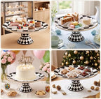 Large Ceramic Pedestal Cake Stand Checkered Platter 15.7 x 5.7 In in Black, Cream, Gold, alternate view 5
