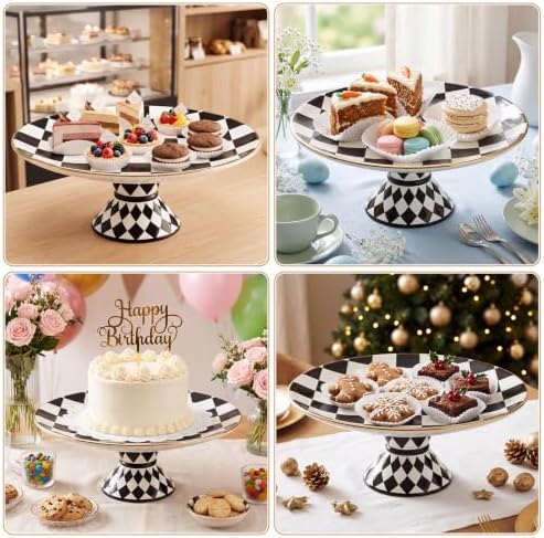Large Ceramic Pedestal Cake Stand Checkered Platter 15.7 x 5.7 In in Black, Cream, Gold, alternate view 5